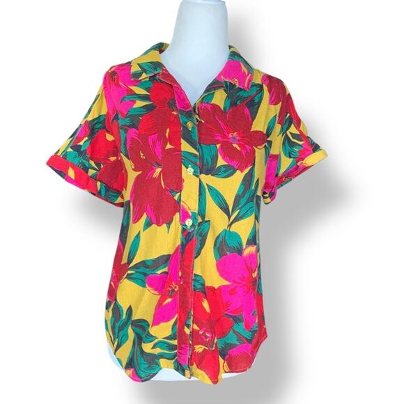 For Cynthia Button Up Shirt Linen Blend Hawaiian  Floral Print Yellow Red Petite - Picture 9 of 9